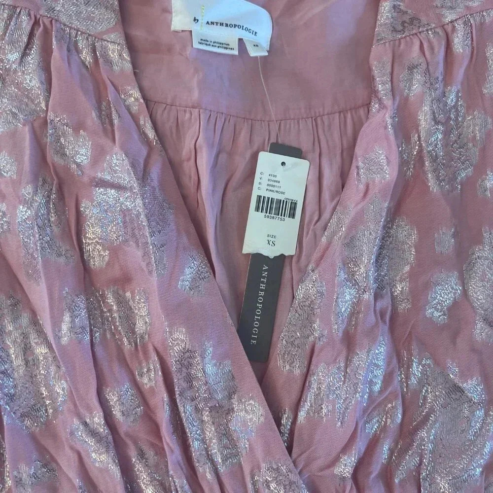 Anthropologie Jolene Jacquard Mini Dress Pink Shimmer Sparkle Puff Sleeve XS NWT - Picture 7 of 9